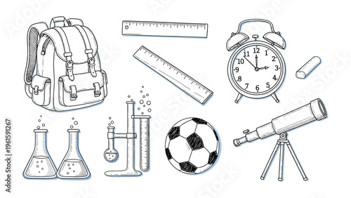 Education Essentials Illustration: A captivating line drawing showcasing an array of essential education items, evoking a sense of learning and exploration.
