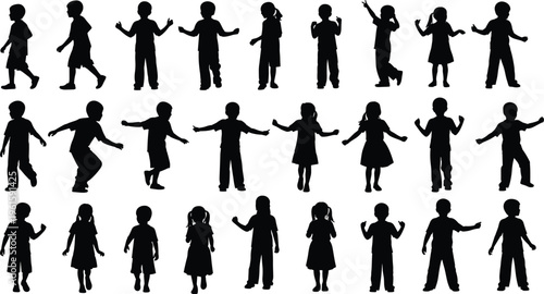 "Silhouette illustration of twenty‑five diverse children in different poses arranged in rows showcasing posture, gesture, movement, and playful everyday 
