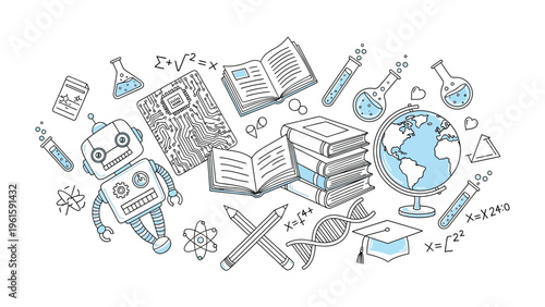 Education and Innovation: An illustration that captures the essence of science and learning, featuring a robot surrounded by books, scientific equipment, and symbolic elements.