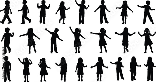 "Silhouette illustration of twenty‑four diverse children in different poses arranged in rows showcasing movement, dancing, posture, gesture, and playful activity"