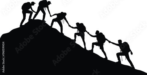 Black silhouette of a team of hikers holding hands helping each other climb a steep mountain peak representing success and teamwork