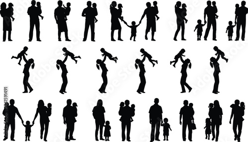 "Silhouette illustration of twenty‑four diverse family interactions including adults and children arranged in rows showcasing posture, gesture, parenting, and emotional bonding moments"