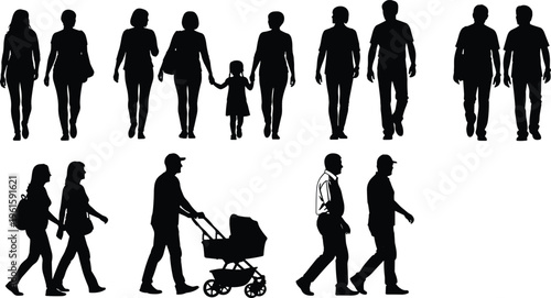Silhouettes of diverse people walking, including families, couples, and individuals with strollers, symbolizing companionship, caregiving, bonding, and everyday human lifestyle representation 