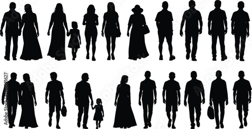 Silhouettes of diverse people walking in pairs and groups, including men, women, and children, symbolizing companionship, family bonding, social connection, and everyday lifestyle representation.