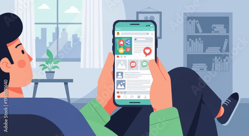 Man holding smartphone using social media app at home.