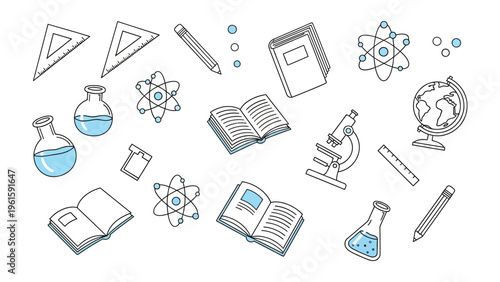 Educational Illustration: A collection of educational objects, including books, atom model, beakers, globe and more arranged in a visually appealing design, perfect for educational content. 