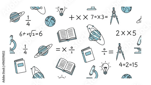 Academic Exploration: A seamless illustration pattern showcases key elements of learning and scientific inquiry, symbolizing education, knowledge, and intellectual pursuits.