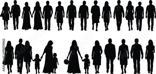 Silhouettes of diverse people walking, including families, couples, and individuals, symbolizing companionship, caregiving, bonding, social connection, and everyday lifestyle representation 