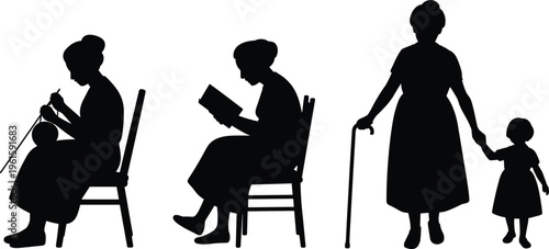 Set of black silhouettes showing a man in depressed poses including head bowed and face in hands for mental health