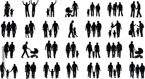 Silhouettes of families with parents and children walking, playing, and interacting in everyday activities, symbolizing caregiving, bonding, companionship, and diverse family lifestyle representation.
