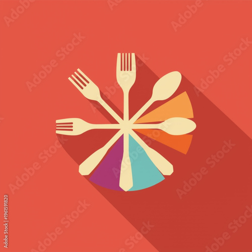 Dining utensils arranged in circle, colorful wedges under each utensil