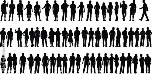 Silhouettes of fifty diverse people in multiple poses and stances, symbolizing individuality, fashion, lifestyle, diversity, social connection, and human interaction representation for creative design