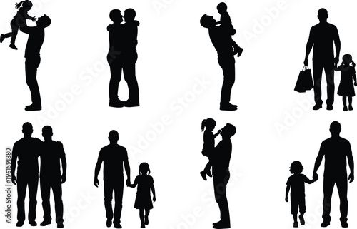 Silhouettes of fathers and children walking, hugging, lifting, and bonding, symbolizing parenting, caregiving, family love, companionship, and everyday lifestyle representation for creative design.