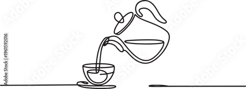 Continuous one line drawing of Coffee or tea pouring into the cup. Single line drawing illustration of pouring Coffee or tea. One line draw graphic design vector