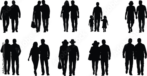 Silhouettes of pairs of people walking together, including adults, couples, and parent‑child interactions, symbolizing companionship, bonding, family relationships, and everyday social lifestyle 