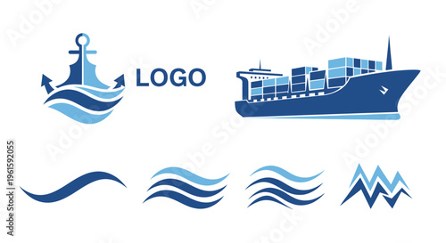 Nautical Logo Elements: Anchor, Waves, Container Ship, and Water Icons