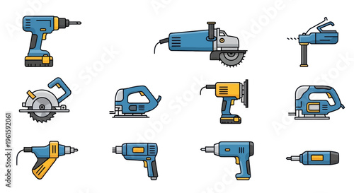 Collection of Electric Power Tools, Handheld DIY Tools Icons Set