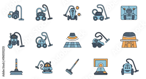 Modern Vacuum Cleaner Icons Set: Robot, Upright, Canister, Cordless, Sweeper
