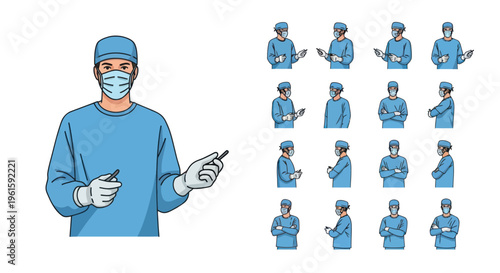 Surgeon with Scalpel and Multiple Poses Vector Illustration