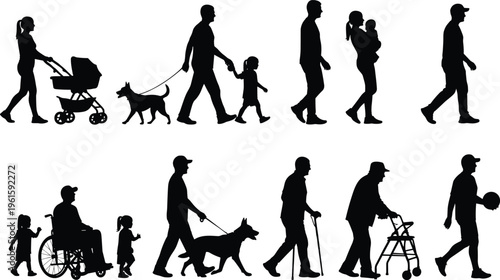 Silhouettes of people across life stages including children, parents, elderly, and individuals with mobility aids, symbolizing diversity, family, caregiving, companionship, and human lifestyle
