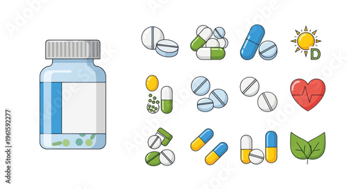 Medical Pills, Capsules, Vitamin D, Heart Health Icons, and Medicine Bottle - Health & Wellness