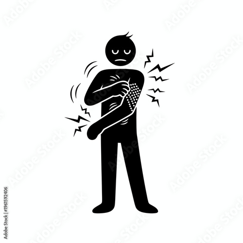 Flat Black Vector Icon Of A Stick Figure Man Intensely Scratching Severe And Widespread Itchy Skin Rashes On Both Arms