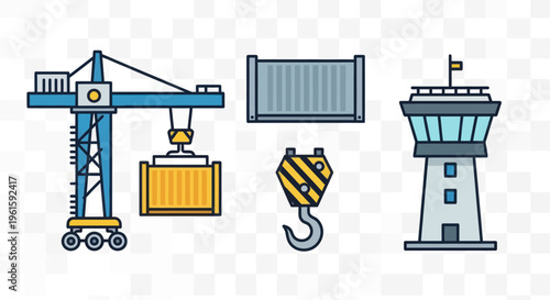 Container Crane, Shipping Container, and Control Tower Icons - Logistics and Port Set