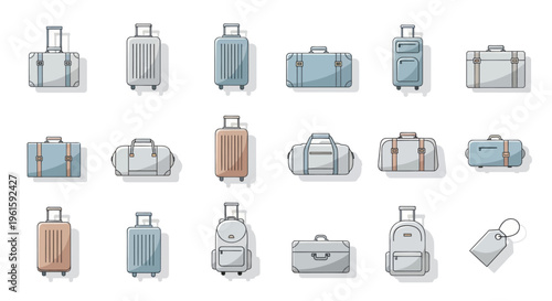 Collection of modern travel luggage, suitcases, duffel bags, and backpack on white background