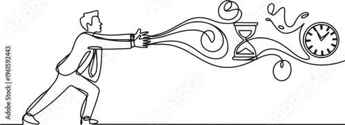 Drawing of Businessman trying to slow down and stop time. Stopping time metaphor. One line draw graphic design vector