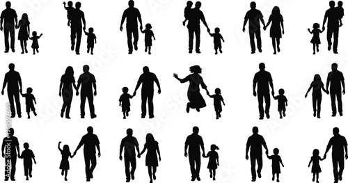 Twenty black silhouettes of diverse family groups including parents, children, and couples in walking and standing poses, perfect for design, education, promotional, and creative artwork projects.