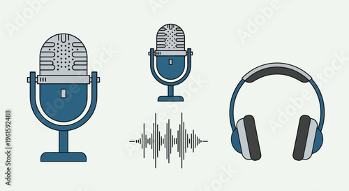 Retro Microphone, Modern Headphones, Sound Waveform Icons - Audio Recording Concept