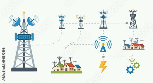 Telecommunication Network Illustration: Towers, Houses, and Data Flow