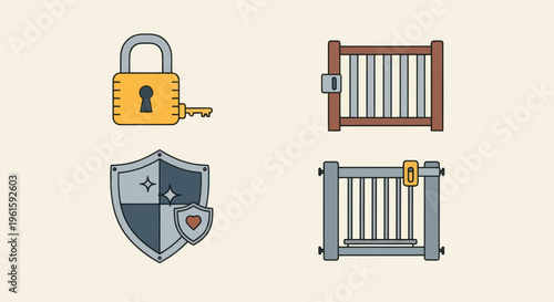 Security Icons: Lock, Key, Shield, and Cages - Protection and Confinement