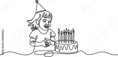 Girls girl enjoying her birthday continuous line art drawing isolated on white background. Birthday cake with candles. One line draw graphic design vector