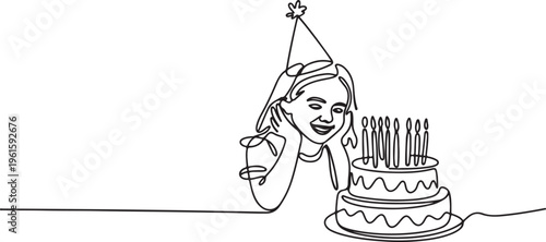 Girls girl enjoying her birthday continuous line art drawing isolated on white background. Birthday cake with candles. One line draw graphic design vector