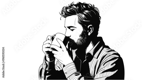 Clean minimalistic line art of a man sipping hot coffee from a cup representing comfort relaxation and warm moment