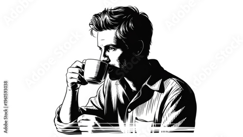 Simple hand-drawn black and white illustration of man enjoying warm coffee beverage with calm expression and cozy atmosphere