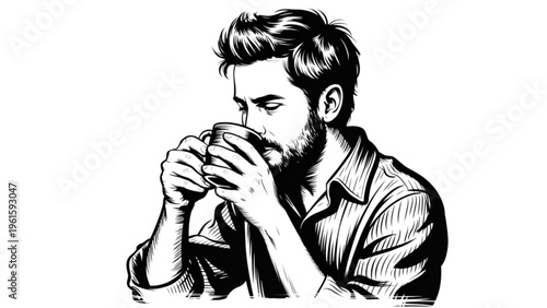 Minimal monochrome line art illustration of a man peacefully savoring hot coffee from a cup in relaxed mood