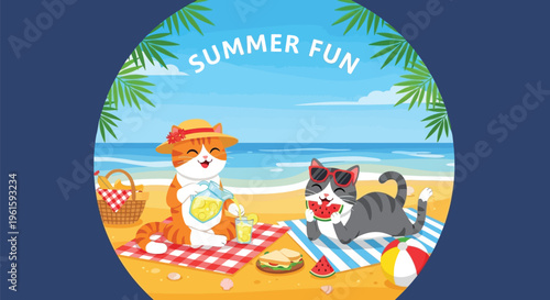 Summer fun beach scene with two cute 