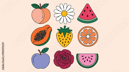 Collection of Delightful Illustrations: A vibrant collection of stylized illustrations featuring a range of colorful fruits, and flower, evoking a sense of joy and artistic flair. 