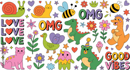  A vibrant collection of playful stickers featuring various animals, plants, and positive phrases is shown.
