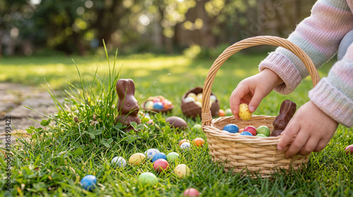 Принти на полотні Child's hands placing a colorful yellow Easter egg into a woven basket during a sunny outdoor hunt in the garden