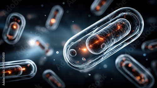 Abstract depiction of microscopic bacteria featuring transparent structures and glowing elements, set against a dark background that enhances the intricate details and scientific theme of the image