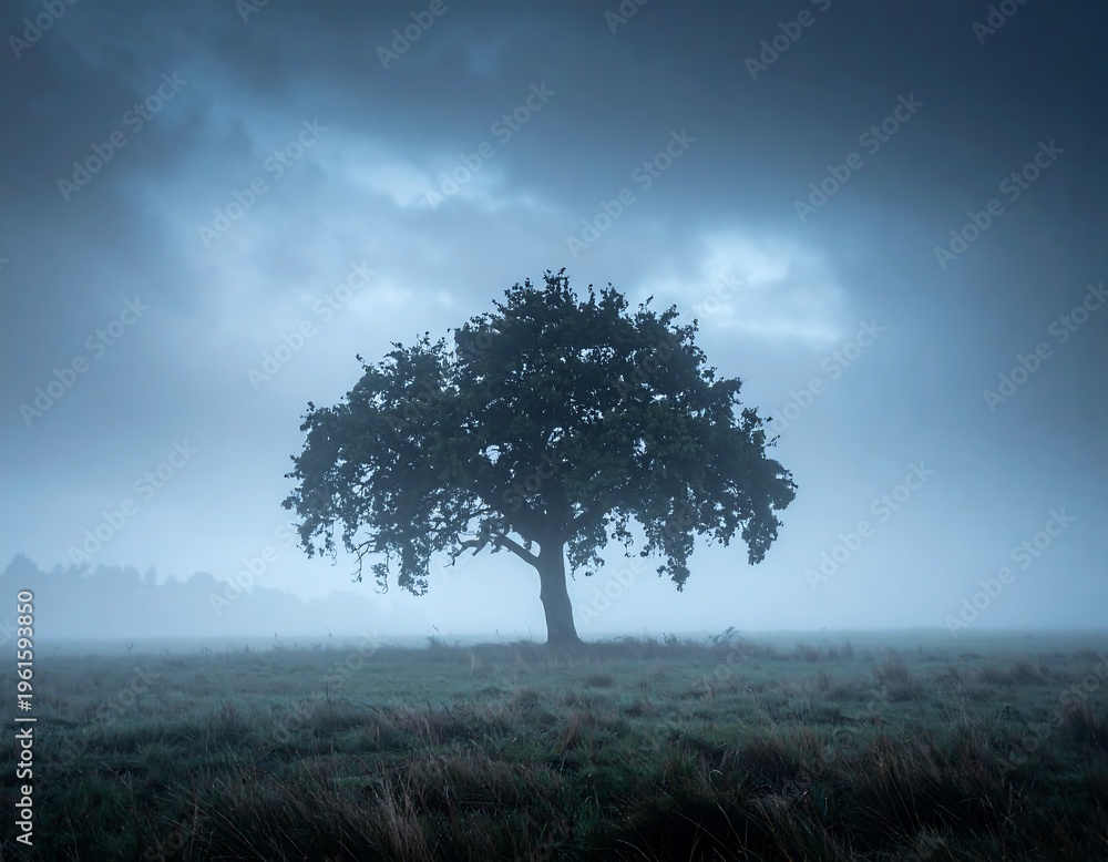 Obraz premium A lone tree stands in a misty field under a stormy sky
