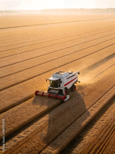 Combine harvester in golden field