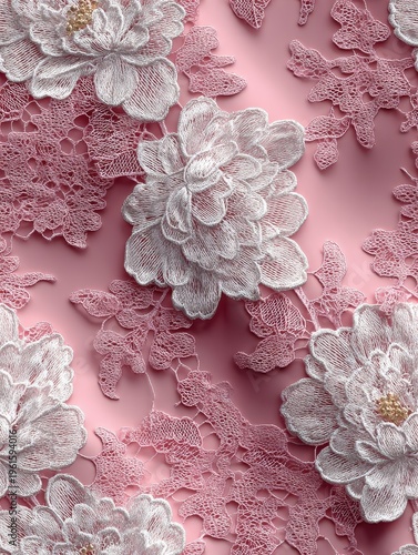 Seamless delicate white lace pattern on pale pink satin background, elegant couture textile design, flat 2D tileable print, refined luxury fashion fabric with intricate details