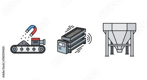Industrial Processing Equipment Icons: Magnet, Sieve, Silo