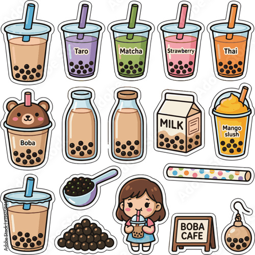 Cute Boba Milk Tea Vector Sticker. Chubby bubble tea cup with tapioca pearls isolated.