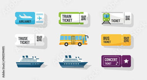 Collection of Transportation Tickets: Airplane, Train, Bus, Cruise, Concert