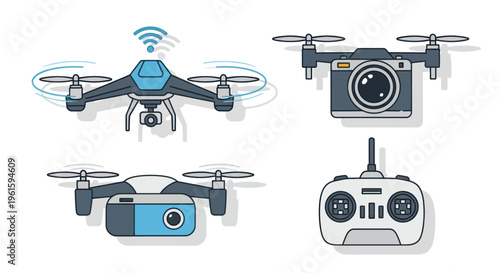 Drone Technology Icons: Quadcopter, Camera, Remote Control, Aerial Vehicle
